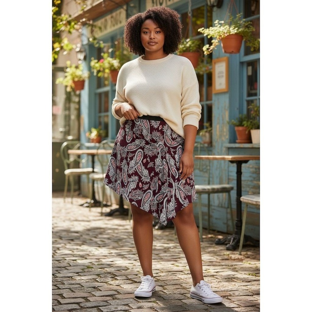 Lane Bryant Plus Sz 26/28 Paisley A-Line Midi Skirt rich asymmetrical Careercore